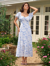 Flounce Sleeve Ruched Backless Floral Print Dress
